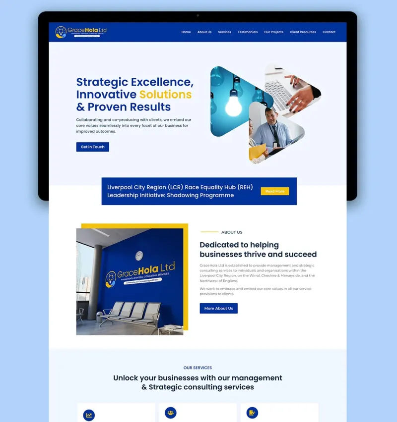 Homepage of the GraceHola Consulting website